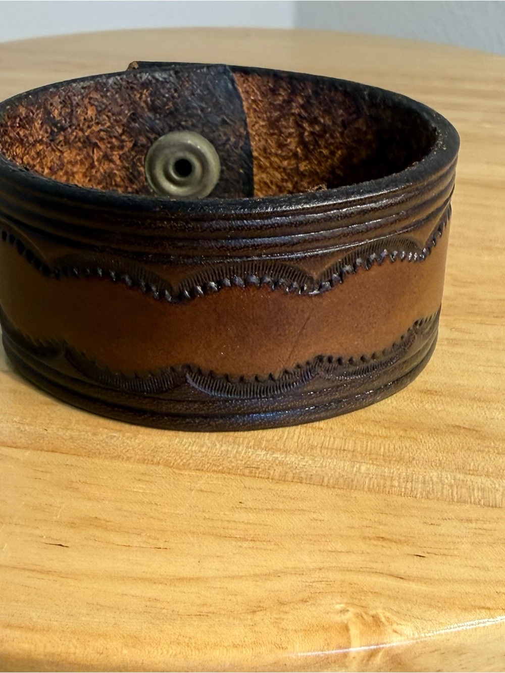 Men's Embossed Brown Leather Snap Cuff Bracelet